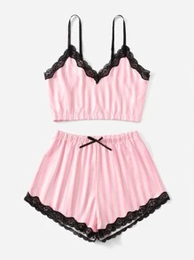 Striped Contrast Lace Pajama Set - Baby Pink - View 3