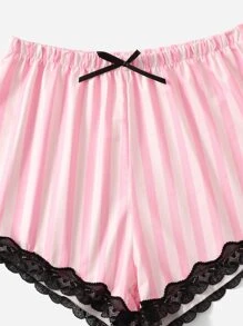 Striped Contrast Lace Pajama Set - Baby Pink - View 4
