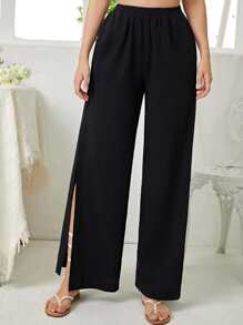 SHEIN VCAY 彈性腰帶高衩闊腿褲 - 黑色 - 查看 1