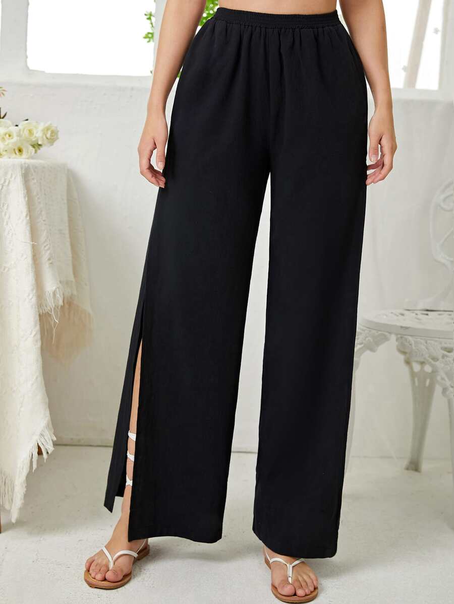 SHEIN VCAY 彈性腰帶高衩闊腿褲 - 黑色 - 查看 1