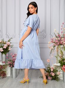 SHEIN Maternidad Vestido floral cinta con estampado de rayas bajo con fruncido - Azul y blanco - Ver 2