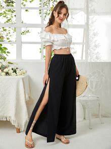 SHEIN VCAY 彈性腰帶高衩闊腿褲 - 黑色 - 查看 3