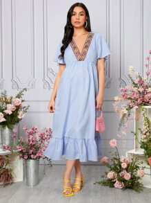 SHEIN Maternidad Vestido floral cinta con estampado de rayas bajo con fruncido - Azul y blanco - Ver 3