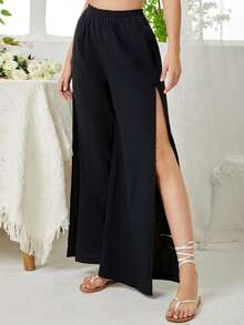 SHEIN VCAY 彈性腰帶高衩闊腿褲 - 黑色 - 查看 4