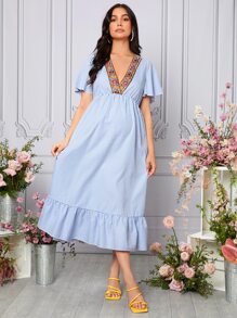 SHEIN Maternidad Vestido floral cinta con estampado de rayas bajo con fruncido - Azul y blanco - Ver 4