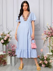 SHEIN Maternidad Vestido floral cinta con estampado de rayas bajo con fruncido - Azul y blanco - Ver 5
