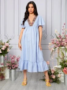SHEIN Maternidad Vestido floral cinta con estampado de rayas bajo con fruncido - Azul y blanco - Ver 6