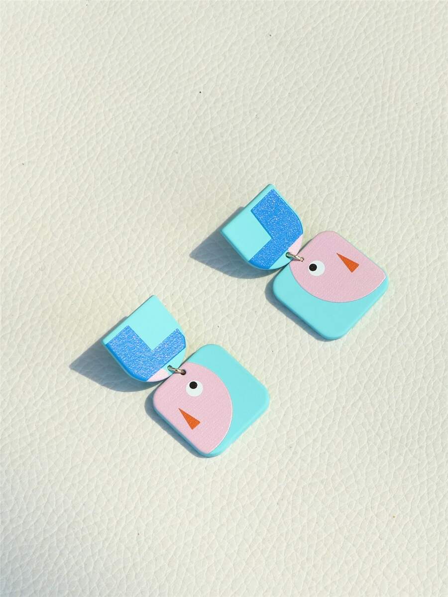 卡通圖案方形耳墜 - 彩色 - 查看 1