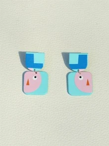 卡通圖案方形耳墜 - 彩色 - 查看 3