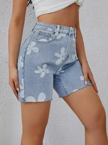 SHEIN EZwear 印花毛邊緣牛仔短褲 - 淺色水洗藍 - 查看 4