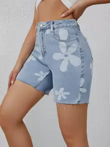 SHEIN EZwear 印花毛邊緣牛仔短褲 - 淺色水洗藍 - 查看 5