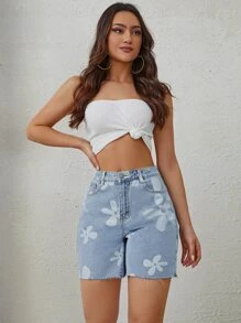 SHEIN EZwear 印花毛邊緣牛仔短褲 - 淺色水洗藍 - 查看 6