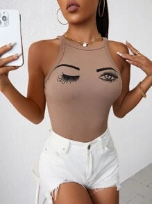 SHEIN LUNE 人像圖案修身背心上衣 - 摩卡棕 - 查看 1