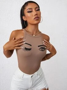 SHEIN LUNE 人像圖案修身背心上衣 - 摩卡棕 - 查看 4