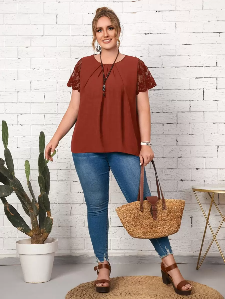 SHEIN LUNE Áo sơ mi Plus Size Tương phản ren Nghề thêu Sò điệp Hoa Thanh lịch - Rỉ Nâu - Xem 1