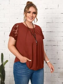 SHEIN LUNE Áo sơ mi Plus Size Tương phản ren Nghề thêu Sò điệp Hoa Thanh lịch - Rỉ Nâu - Xem 3