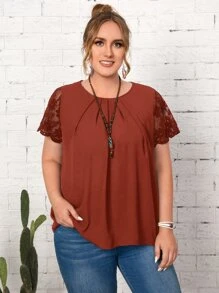 SHEIN LUNE Áo sơ mi Plus Size Tương phản ren Nghề thêu Sò điệp Hoa Thanh lịch - Rỉ Nâu - Xem 5