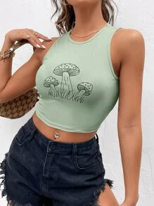 SHEIN EZwear Áo hai dây Gân đan Thực vật Giải trí - Màu xanh Bạc hà - Xem 3