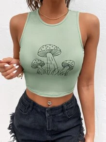 SHEIN EZwear Áo hai dây Gân đan Thực vật Giải trí - Màu xanh Bạc hà - Xem 4