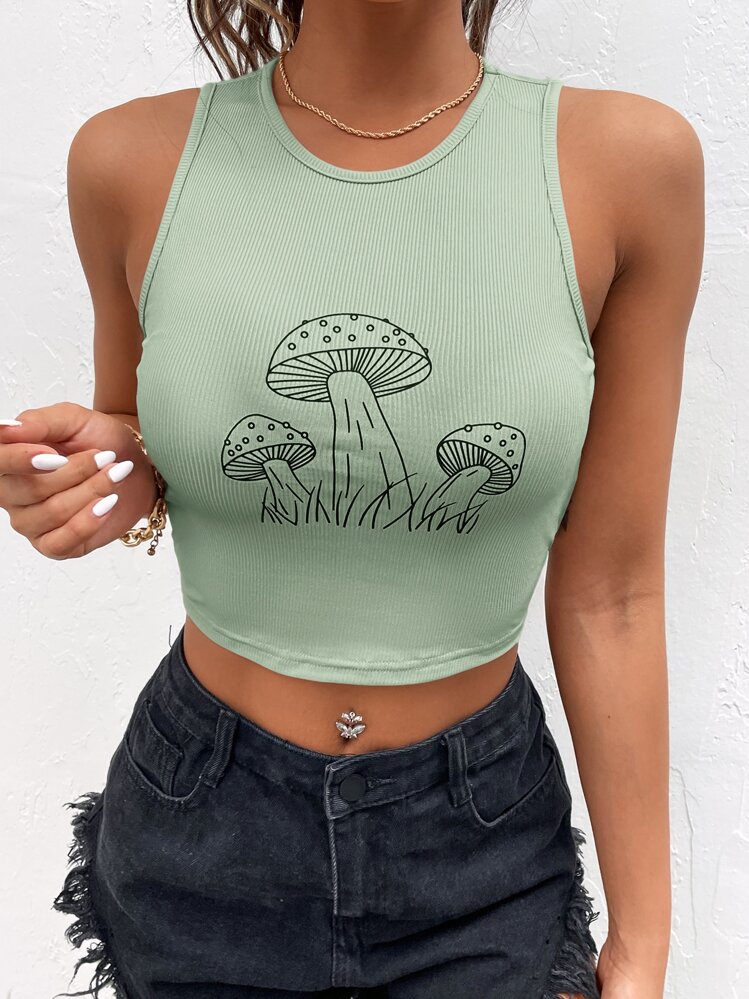 SHEIN EZwear גופיית קצרה עם הדפס פטריות - ירוק מנטה - ראה 4