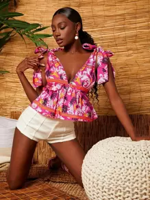 SHEIN VCAY Allover Floral Print Tie Shoulder Plunging Neck Peplum Tank Top - Multicolor - View 4