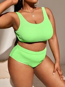 Plus Size Textured High Waisted Bikini Set Summer Beach - Lime Green - View 3