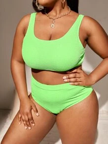 Plus Size Textured High Waisted Bikini Set Summer Beach - Lime Green - View 4