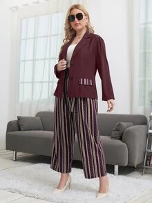 Modelyn 大碼菱形印花西裝外套和腰帶闊腿褲 - 紅色 - 查看 5