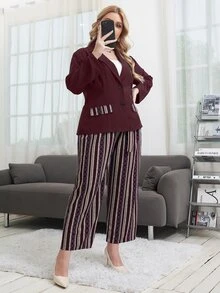 Modelyn 大碼菱形印花西裝外套和腰帶闊腿褲 - 紅色 - 查看 6