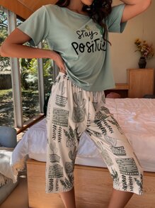 Conjunto de pijama con gráfico de eslogan y cactus de dibujos animados - Multicolor - Ver 5