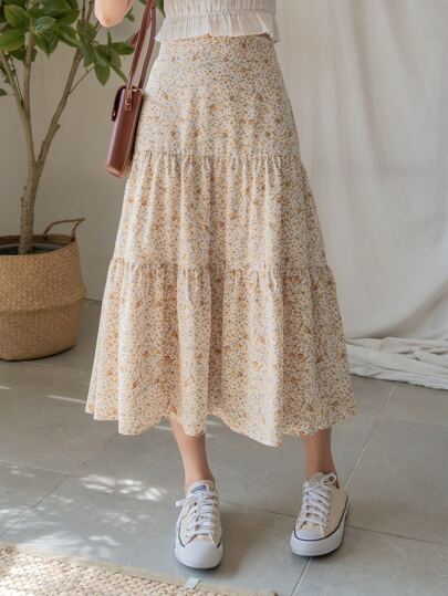 Ditsy Blume Muster Rüschen Saum Rock Herbst