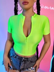 Top corto neón con cremallera - Verde Lima - Ver 1