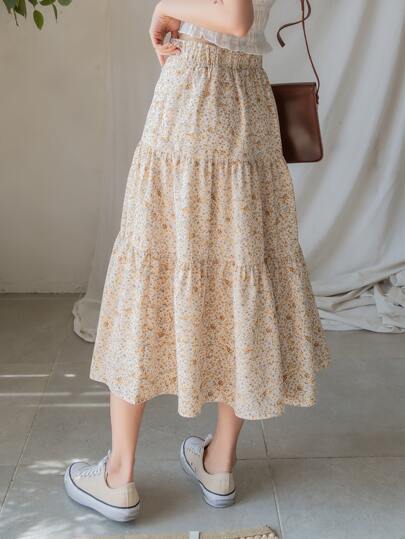 Ditsy Floral Print Ruffle Hem Skirt
