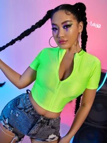 Top corto neón con cremallera - Verde Lima - Ver 3