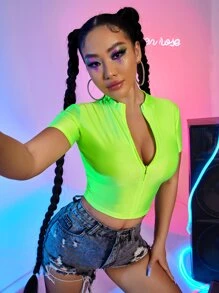 Top corto neón con cremallera - Verde Lima - Ver 4