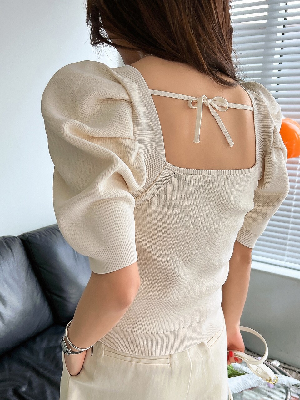 Square Neck Puff Sleeve Tie Back Knit Top,Back To School Clothes Babydoll Top Cute Tops