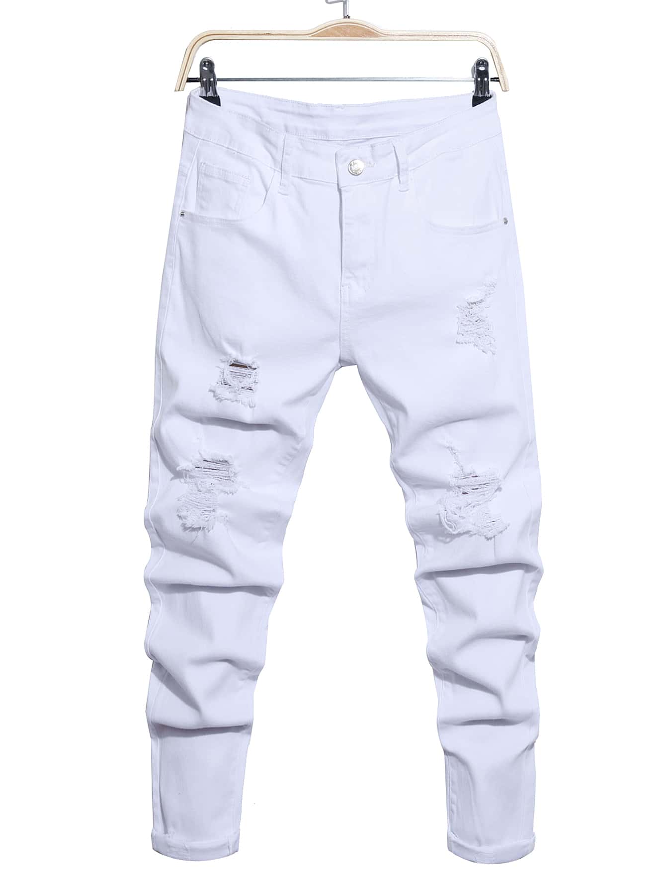 Manfinity Homme Jeans cargo blancos largos, ajustados y desgastados de algodón para hombres, regalos para esposo o novio, jeans blancos desgastados, jeans blancos de hip hop, jeans para hombres - Blanco - Ver 1