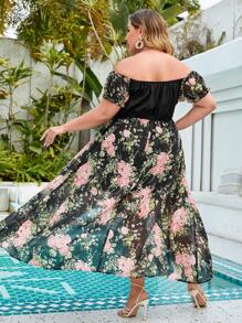 SHEIN VCAY Jumpsuits Plus Size Tương phản Mesh Hoa Boho - màu đen - Xem 2