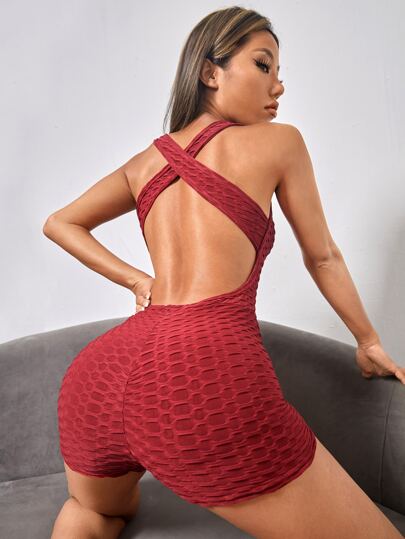 Rückenfreier Sports Jumpsuit mit Kreuzgurt, Wabenstruktur