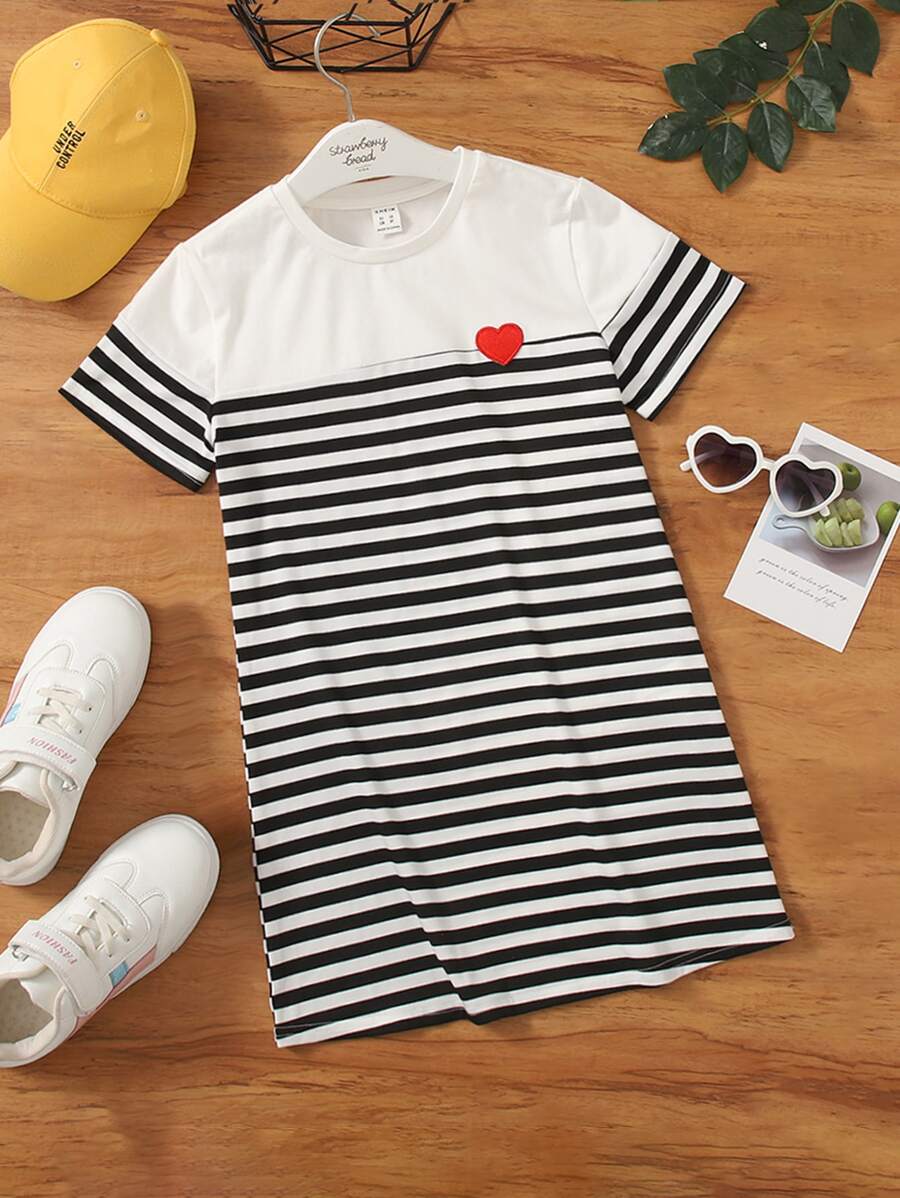 SHEIN Tween Girl Striped Print Heart Patched Tee Dress - Black and White - View 1