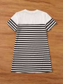 SHEIN Tween Girl Striped Print Heart Patched Tee Dress - Black and White - View 2