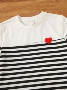 SHEIN Tween Girl Striped Print Heart Patched Tee Dress - Black and White - View 4