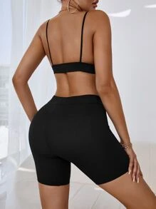 SHEIN SXY Solid Crop Cami Top & Cycling Shorts - Black - View 2