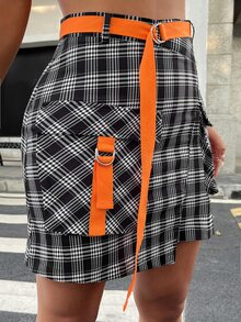 SHEIN 格紋翻蓋口袋不對稱下擺腰帶工裝裙