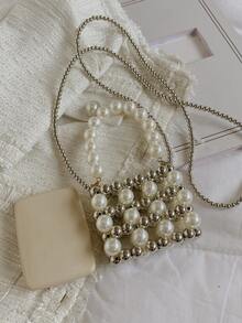 Bolsa cuadrada mini con diseño de perla artificial