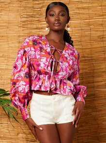 SHEIN VCAY Floral Tie Front Peplum Top - Multicolor - View 1
