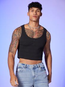 GENTILAND Men Solid Crop Tank - Black - View 1