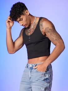 GENTILAND Men Solid Crop Tank - Black - View 4