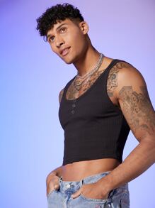 GENTILAND Men Solid Crop Tank - Black - View 6