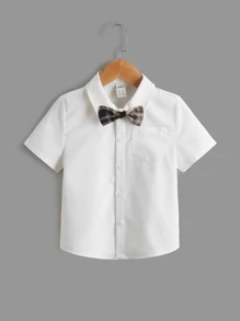 SHEIN 小男童蝴蝶結細節襯衫 - 白色 - 查看 1